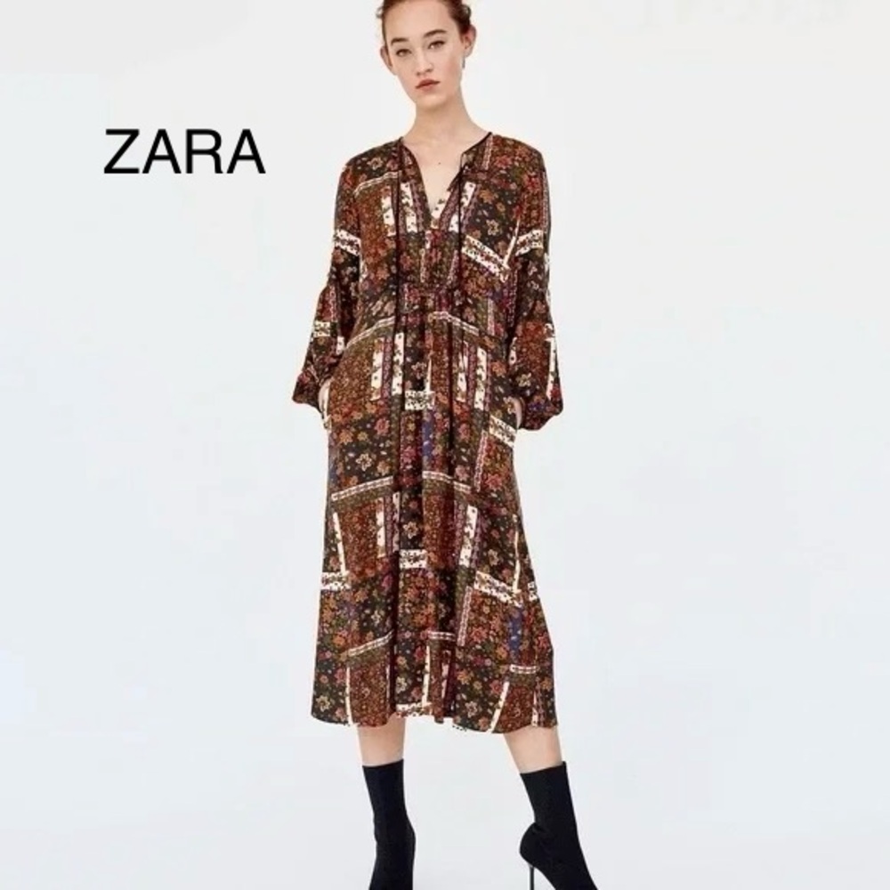 ZARA Brown Floral Patchwork Midi Dress with V-Neck